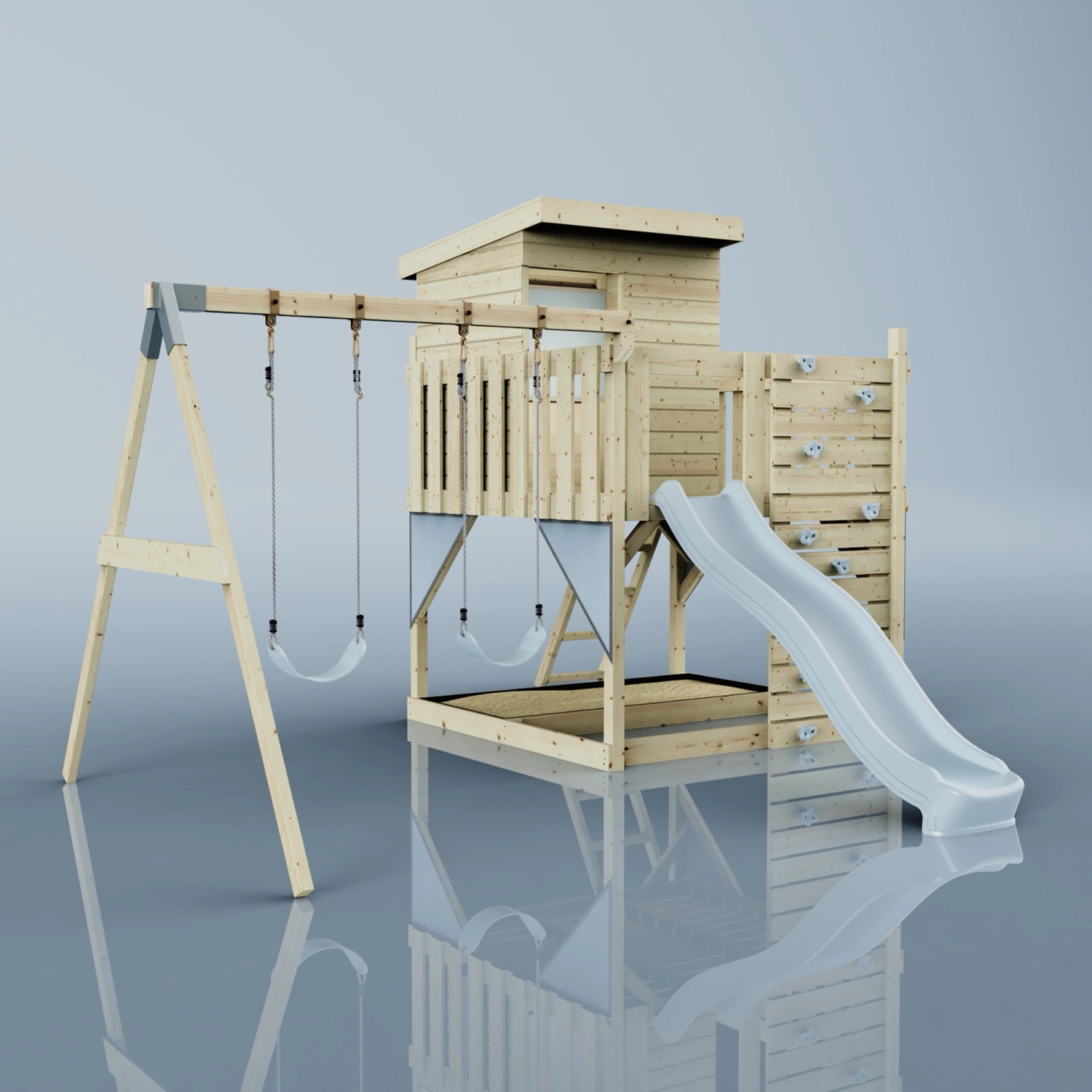 PolarPlay Spielturm Björn mit Schaukel und Rutsche. Holzspielturm mit Kletterwand und Spielhaus.