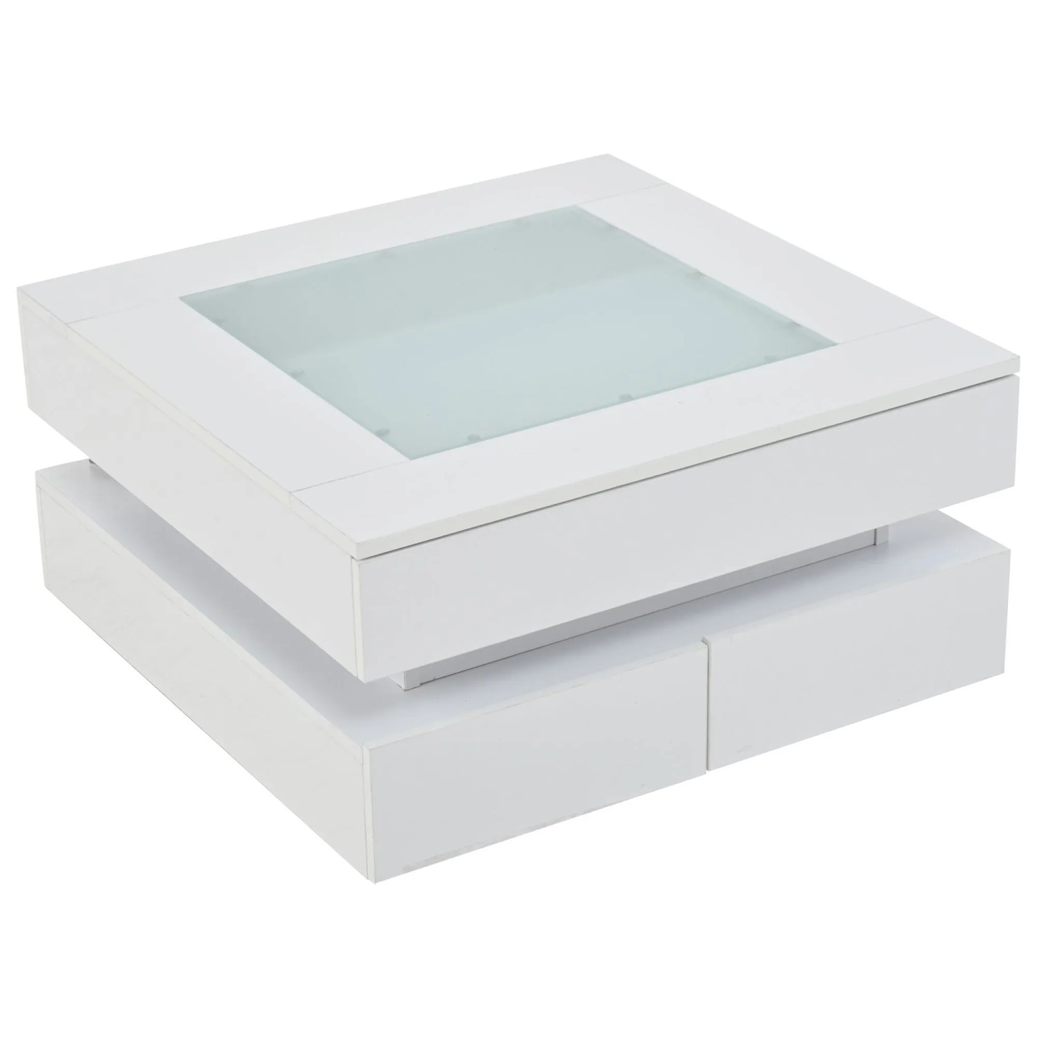 okwish Couchtisch mit LED Glasplatte Schubladen 70x70x35cm Hochglanz Weiß