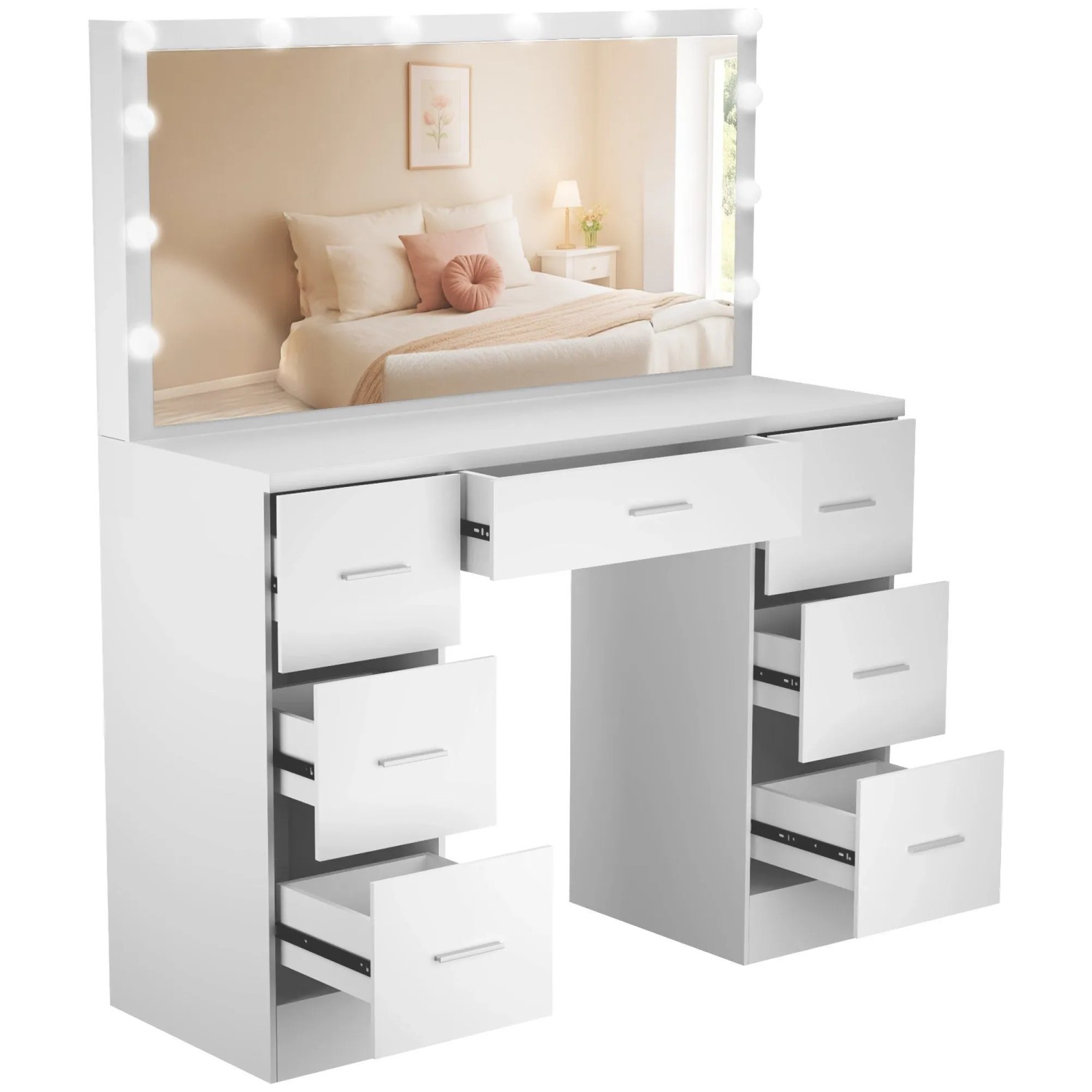 DELUKE Schminktisch MALMÖ mit Hollywoodspiegel 110x40x135cm Holz Weiß Kosmetiktisch Schminken Make-Up-Tisch