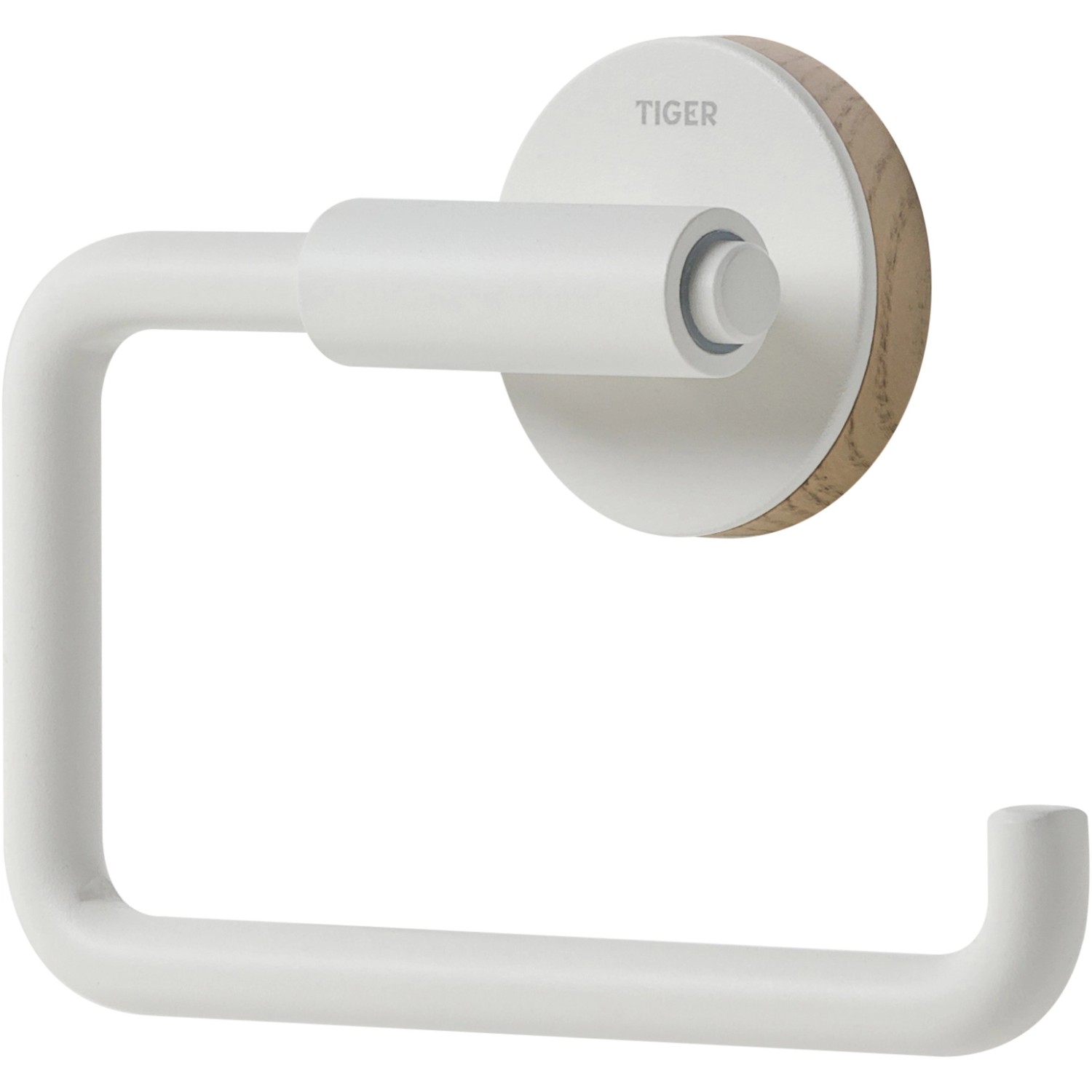 Weißer Tiger Toilettenpapierhalter Urban ohne Deckel mit Holz-Akzent.