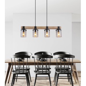 Globo Pendelleuchte, 4-flammig, schwarz matt mit Rauchglas-Schirmen über Esstisch.