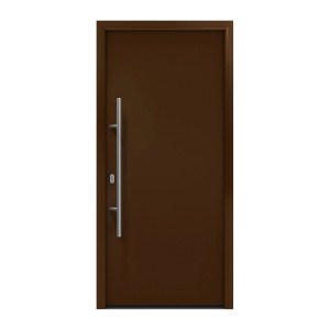 EcoStar Haustür Isopro IP 010 in Terrabraun mit Edelstahlgriff, Ansicht von vorne.