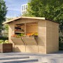 Timbela Marktbude M150 aus Holz mit Theken und Stauraum, ideal für den Garten.