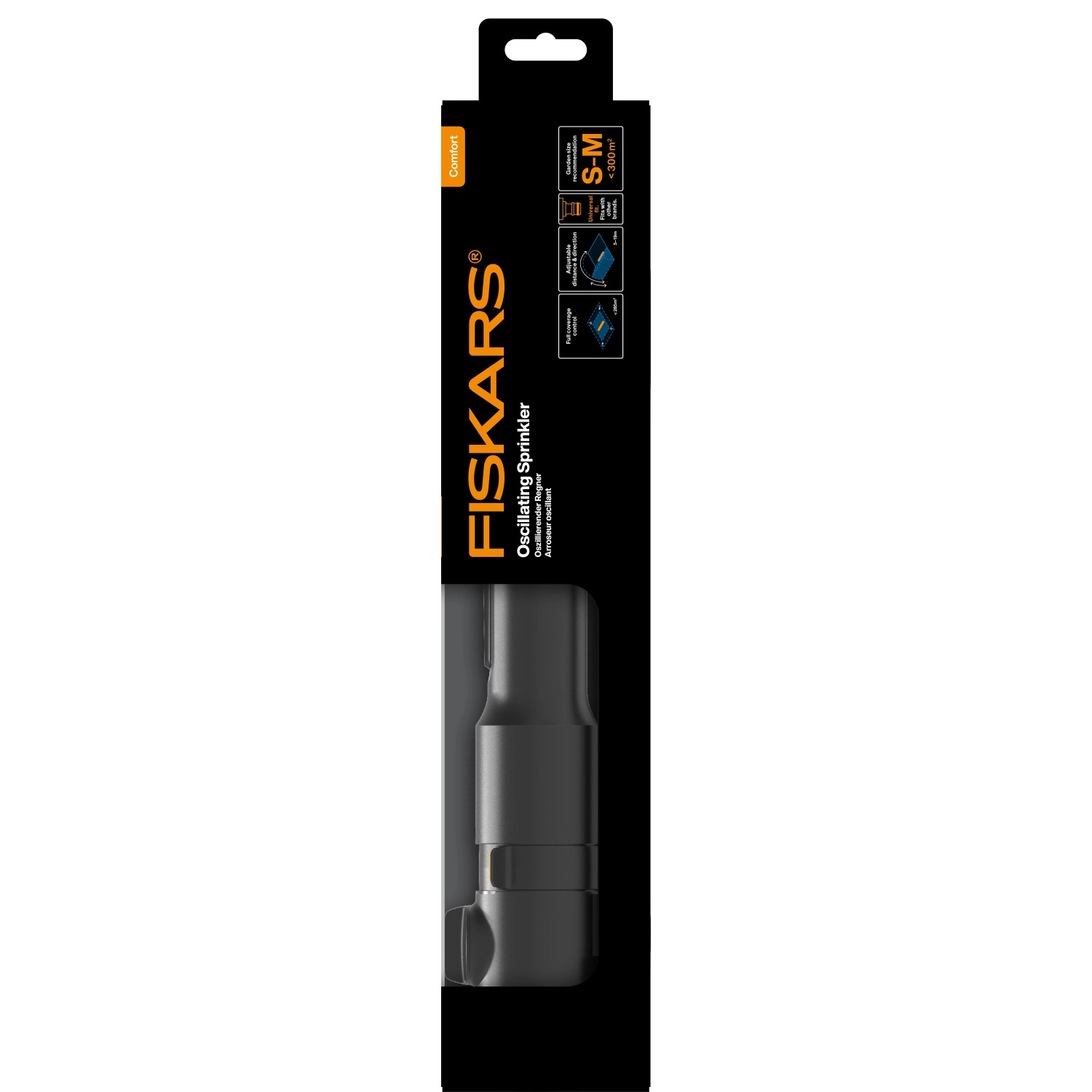 Fiskars Oszillierender Regner Comfort S-M in Schwarz-Orange, verpackt. Ideal für die Gartenbewässerung.