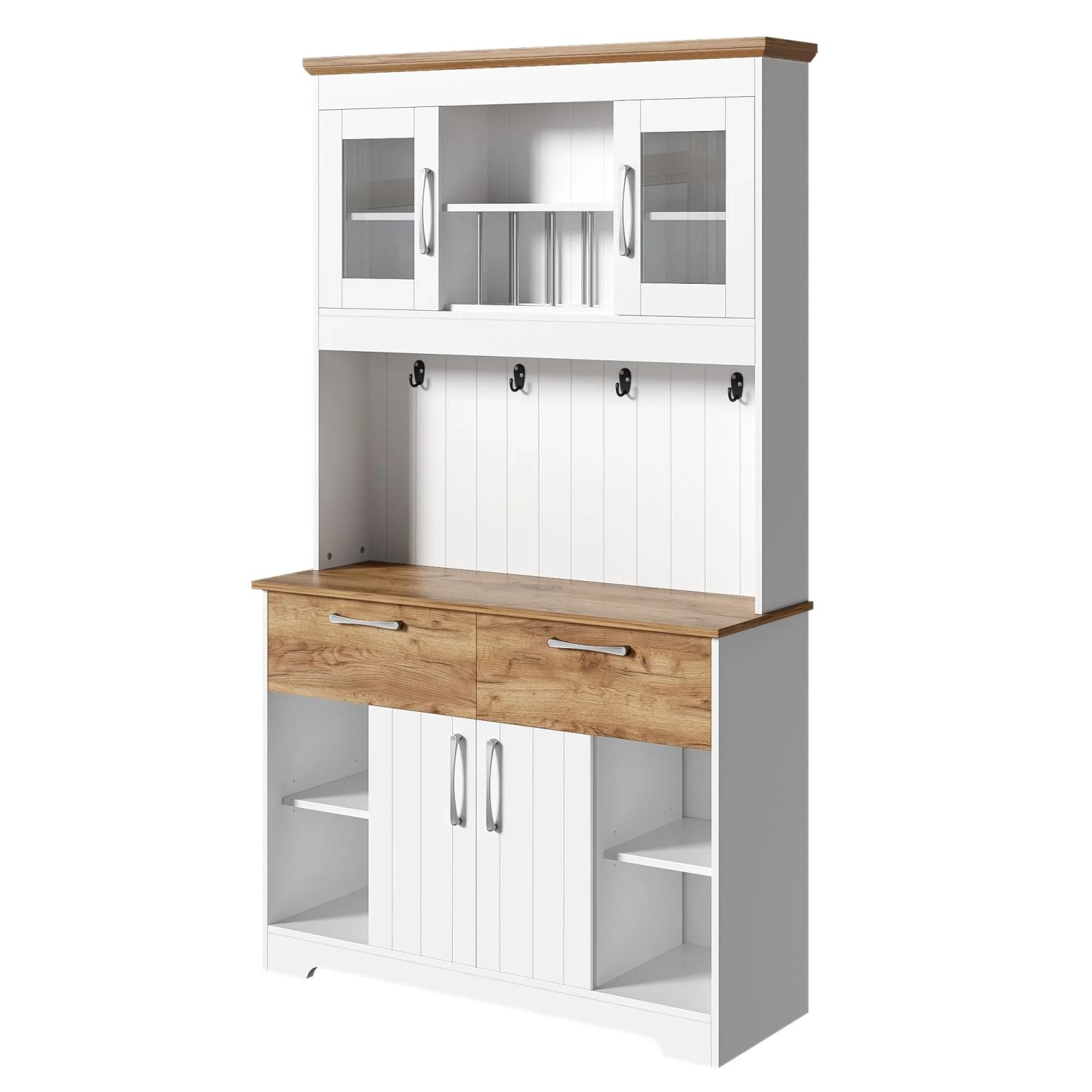 okwish Küchenbuffet mit Vitrinenfächern Schubladen Hakenleiste Küche 106x39x176.5cm Weiß