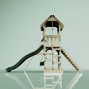 PolarPlay Spielturm Göteborg mit Babyschaukel und grüner Rutsche.