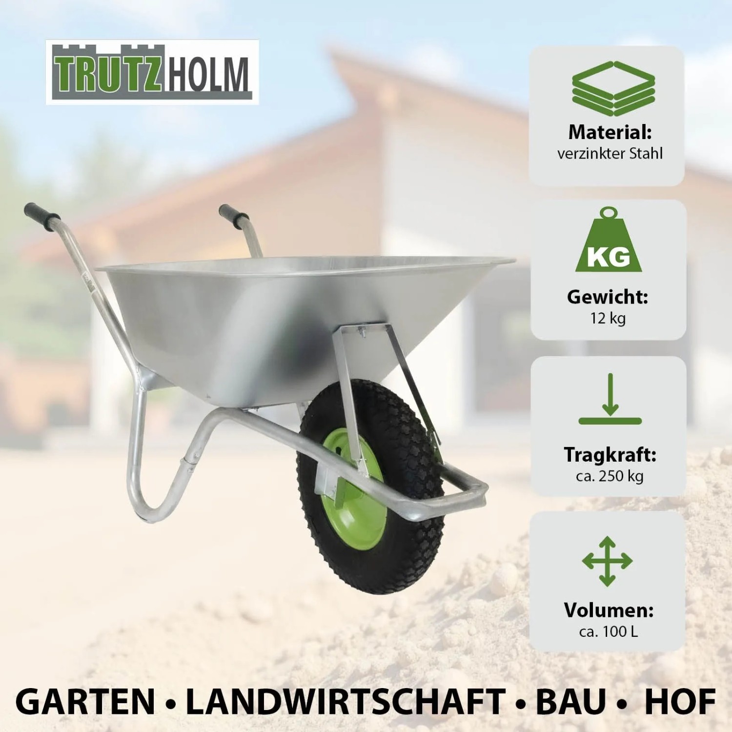 TRUTZHOLM Schubkarre, 100L, verzinkt, mit Luftrad auf Stahlfelge, max. 250kg Tragkraft.