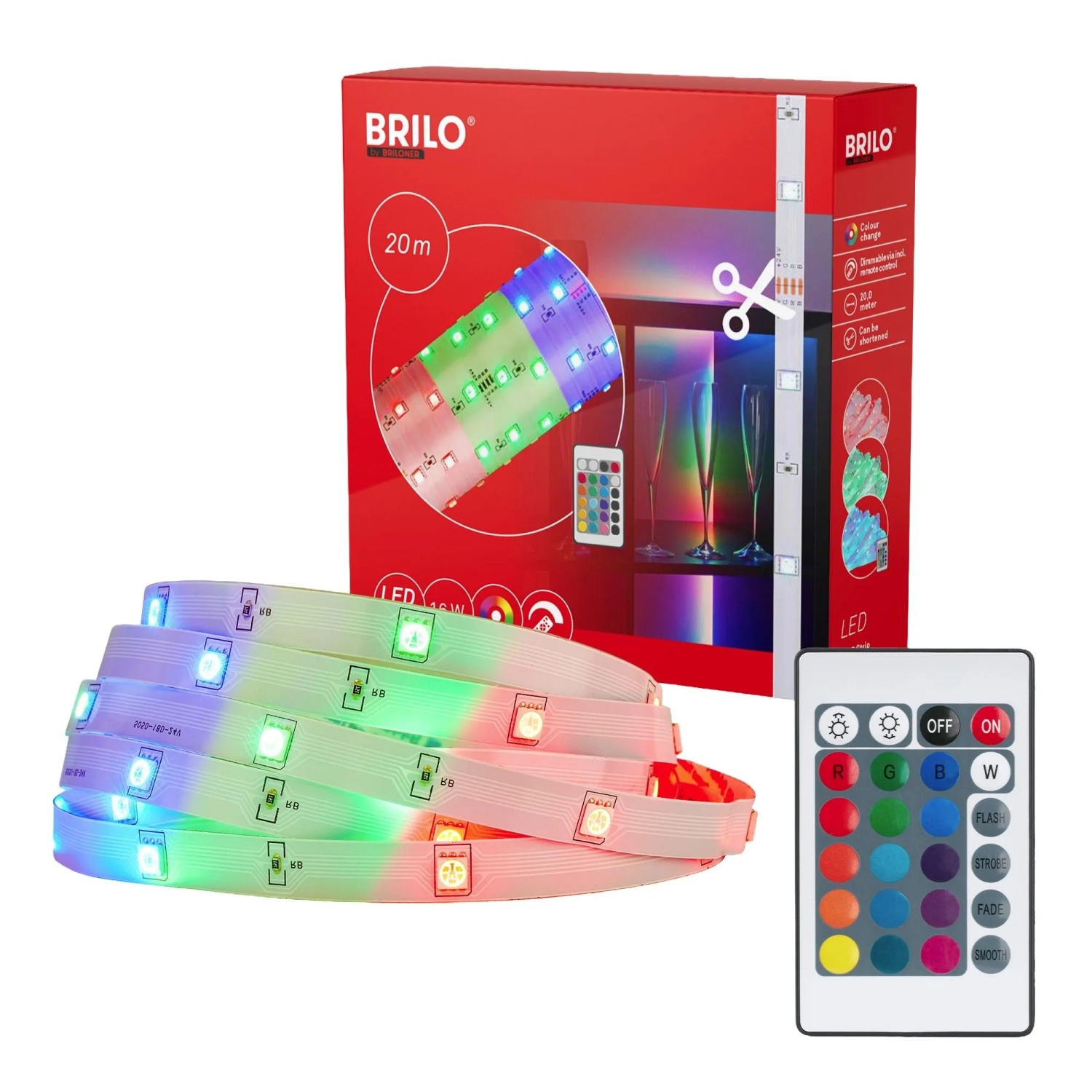 Brilo LED-Strip RGB m. Fernbedienung Farbwechsel Selbstklebend Kürzbar Weiß 20 m