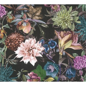 Vliestapete mit Blumenmuster in Schwarz und Grün. Dekorative Tapete mit floralem Design.