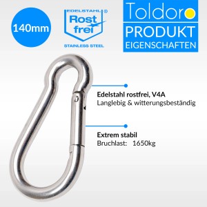 Toldoro 5 Stück Edelstahl Karabiner 12x140mm Rostfrei NIRO AISI 316 V4A Karabinerhaken Groß