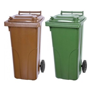 PROREGAL Mülltonnen SuperSparSet: 2 Mülltonnen (120L) in Braun und Grün mit Rädern.