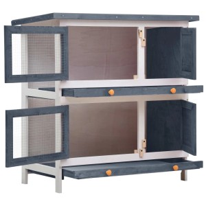 Grauer vidaXL Kaninchenstall aus Holz mit 4 Türen und 2 Ebenen für Kleintiere.