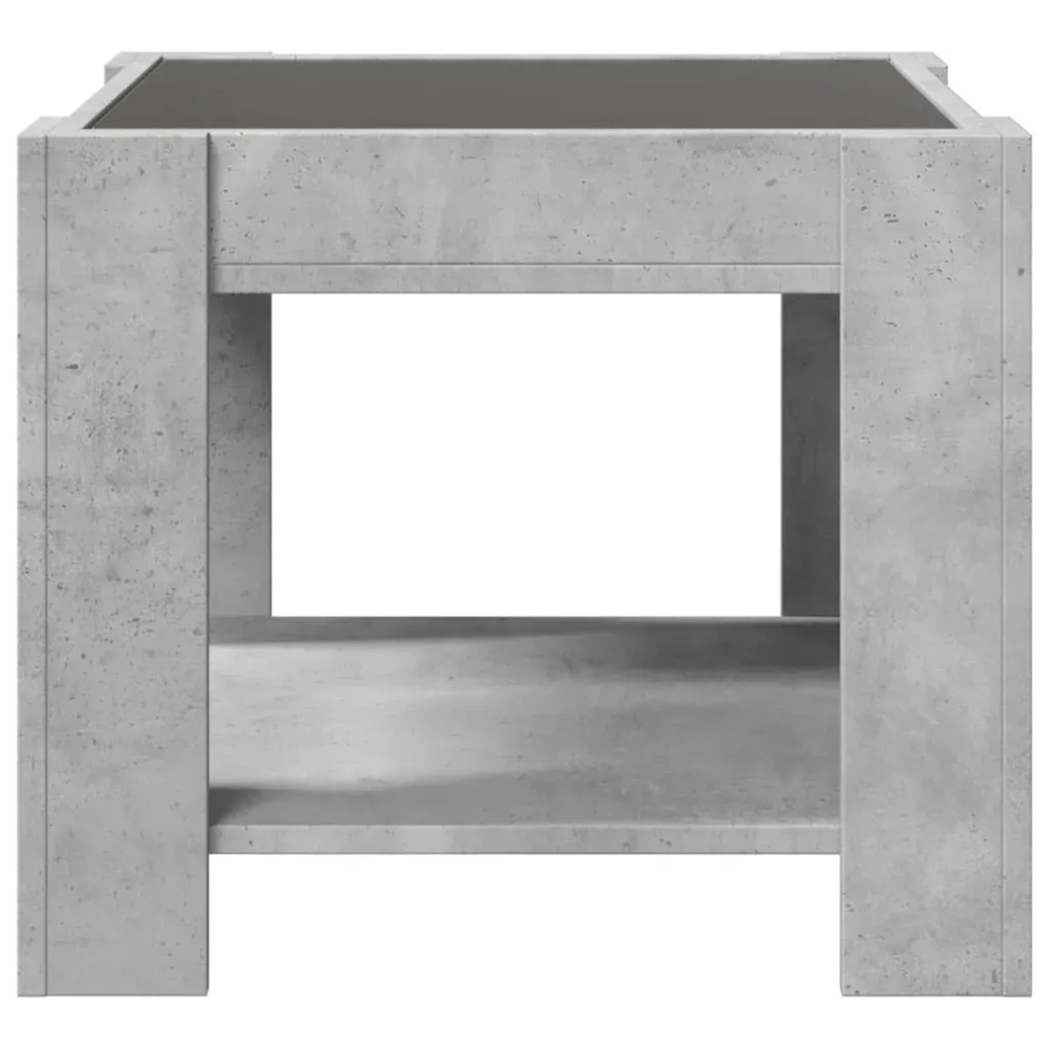Moderner, grauer LED-Couchtisch (53x53 cm) mit Ablage aus Holzwerkstoff.