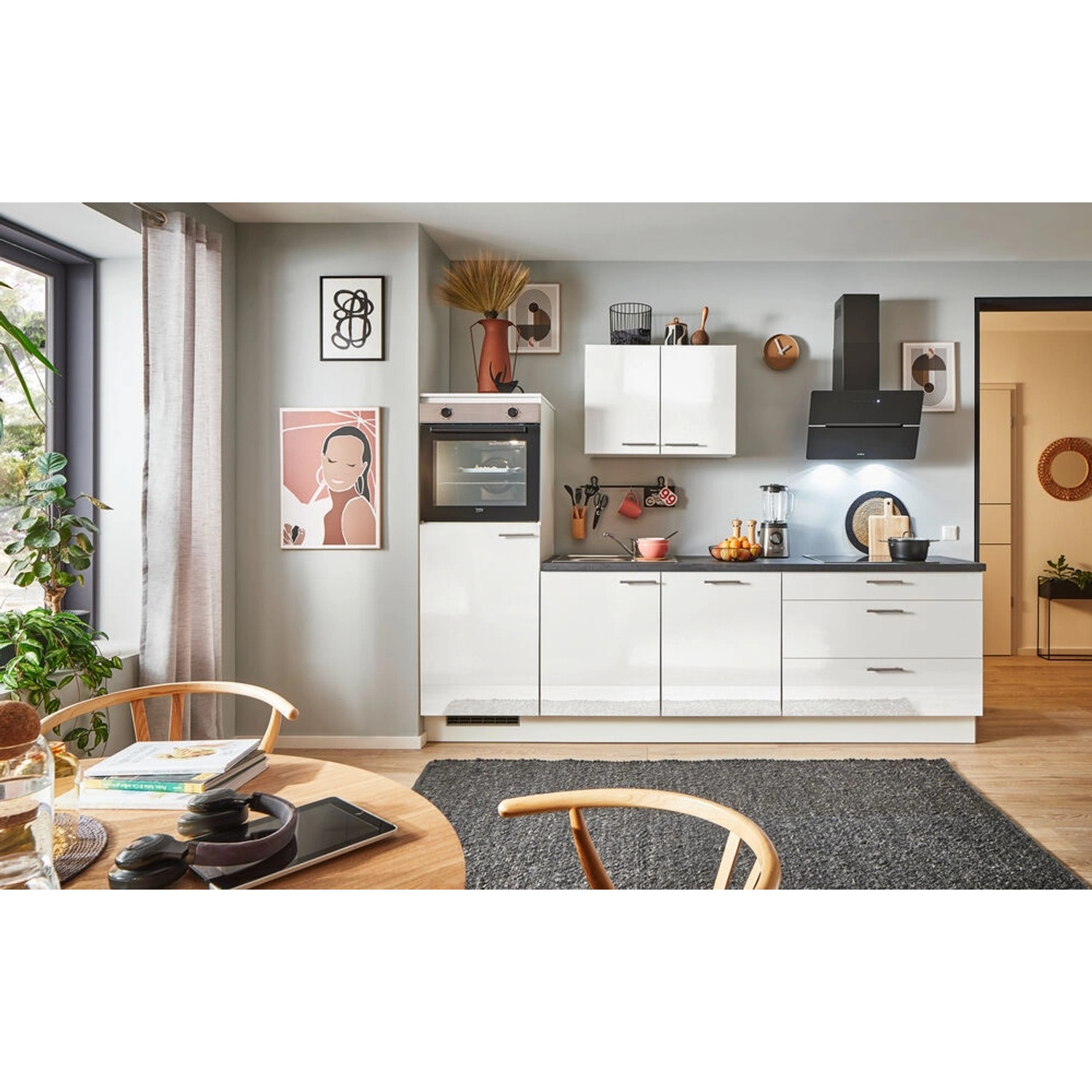 pino Küchenzeile 270 cm Weiß Hochglanz Anschlag,inks 1 Geräteschrank günstig online kaufen