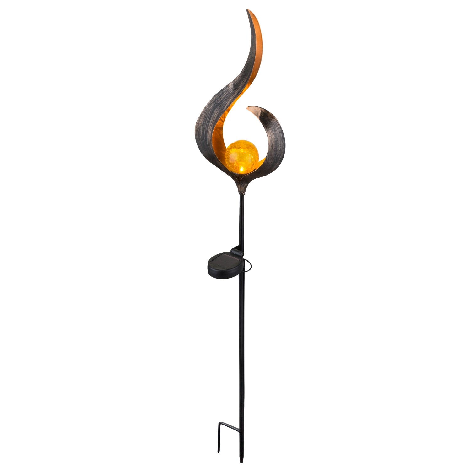 Bronzefarbene Globo Solarleuchte aus Metall mit Glaskugel und Erdspieß, 90 cm hoch.