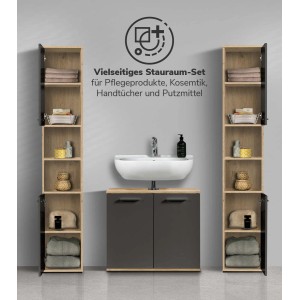 mokebo Badmöbel Set 'Der Steuermann' in Eiche-Schwarz mit Waschbecken und zwei Hochschränken.
