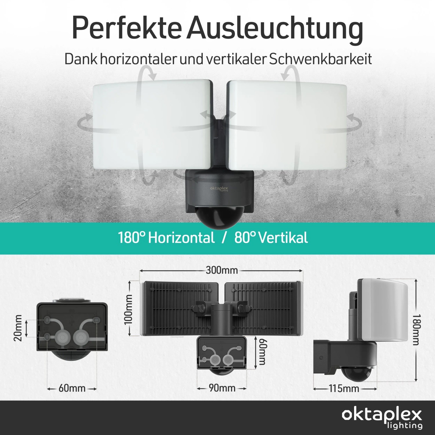 Oktaplex Cali Dos LED Außenstrahler mit Bewegungsmelder, anthrazit, Warmweiß. Detailansicht mit Maßen.
