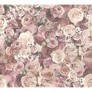 Vliestapete mit Rosenmuster in Rosa-, Mauve- und Cremeweiß für ein romantisches Ambiente.