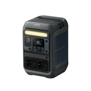 Anker SOLIX C300X Powerstation, schwarz, mit Display, USB-Ports, 2 Steckdosen und leuchtender LED-Leiste.