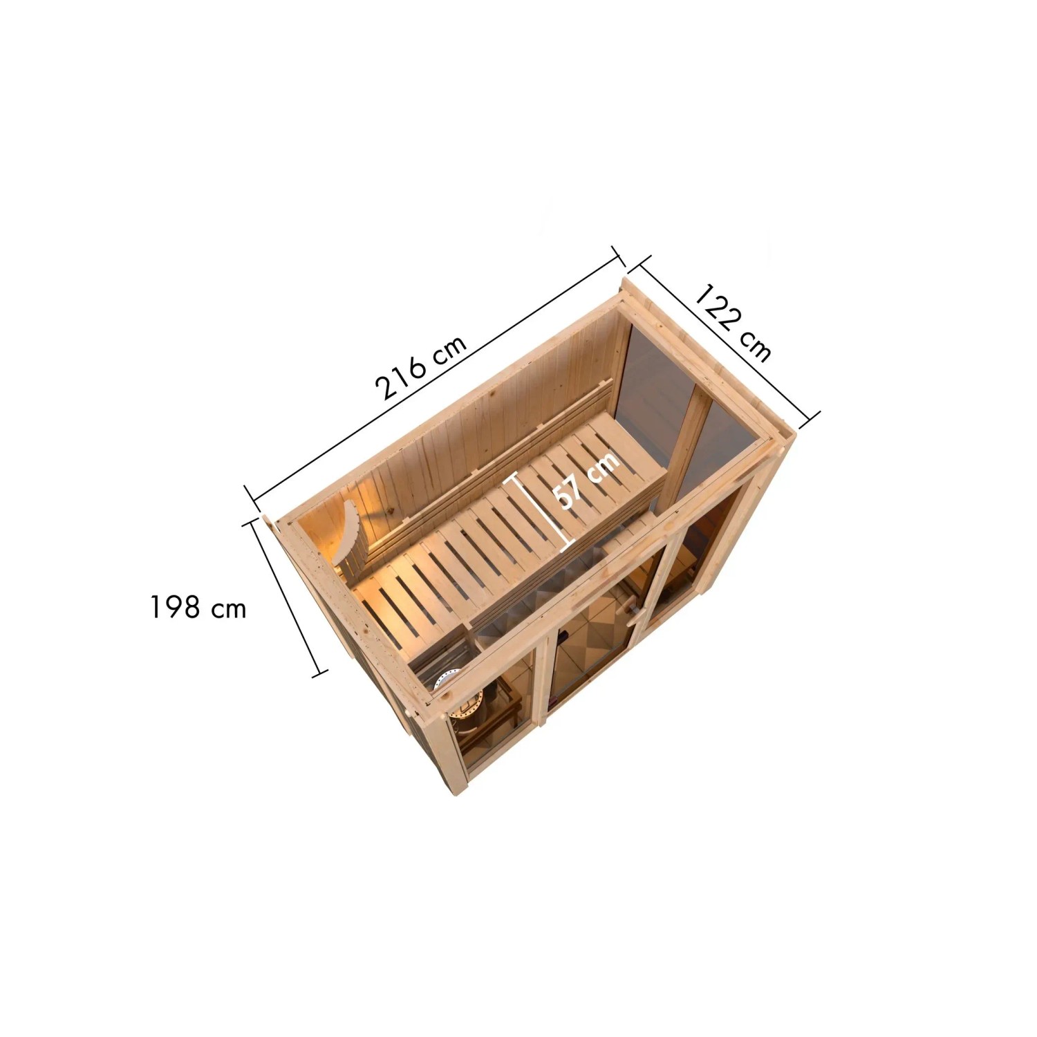 Karibu Sauna Vaira 2 mit Ganzglasfront, naturbelassen, inkl. Maße. Ideal für entspannende Saunagänge.