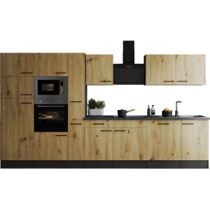 Respekta Küchenzeile Oliver 370 cm in Artisan Eiche mit E-Geräten und Spüle.