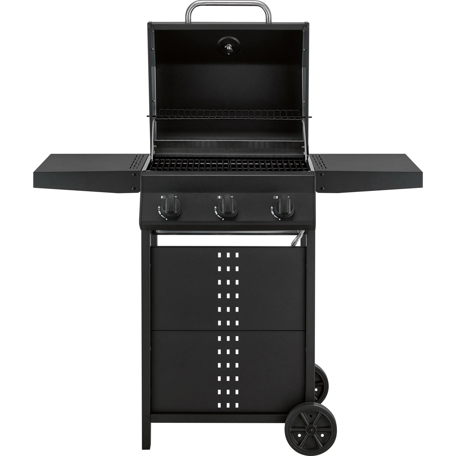 Schwarzer Gasgrill Cumbre mit 3 Brennern, 48x37 cm Grillfläche und Rollen.