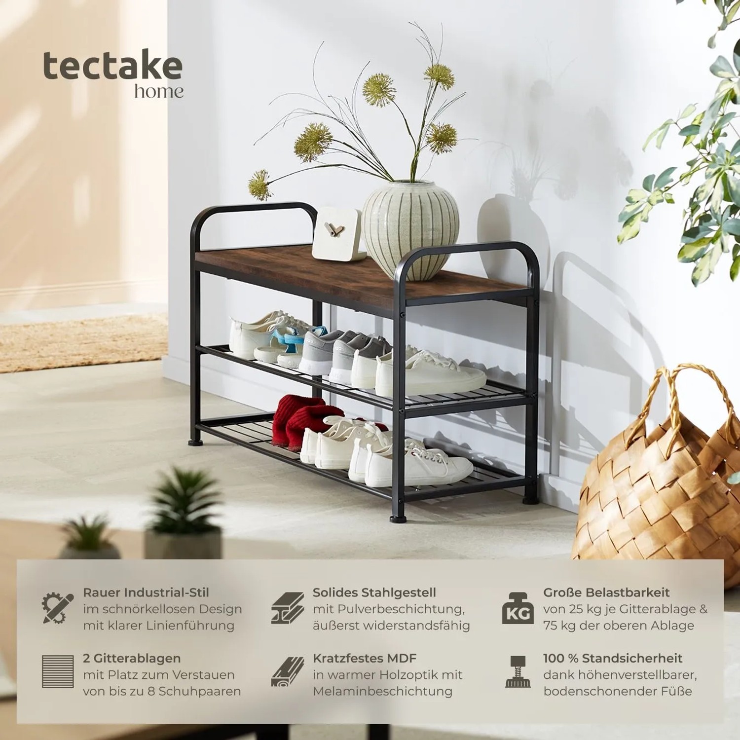 Tectake Schuhregal Southampton Industrial Style Holz und Stahl 91 x 36 x 55 cm Industrial Holz Dunkel Rustikal_2