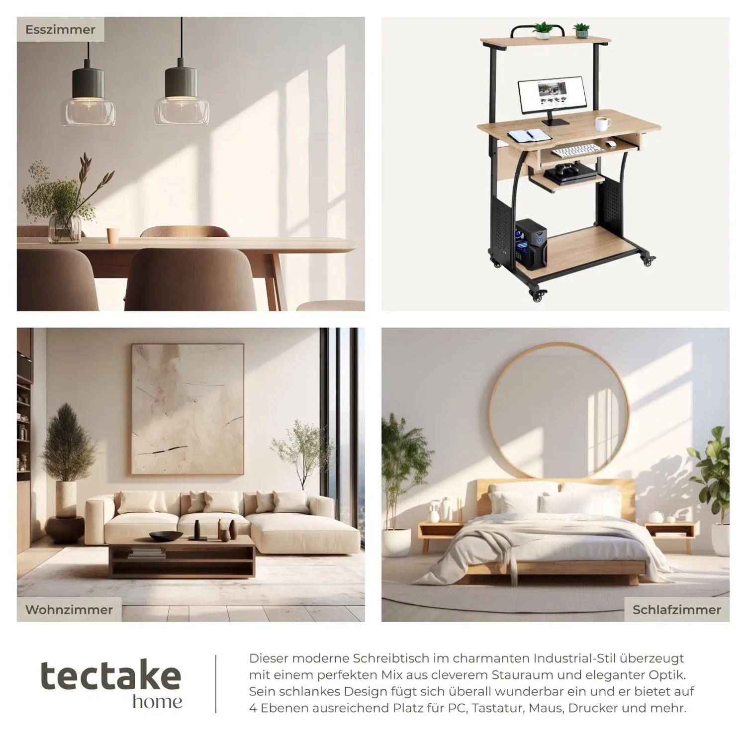 Tectake Schreibtisch Fife im Industrial Style mit Holz und Stahl, Eiche Sonoma Dekor.
