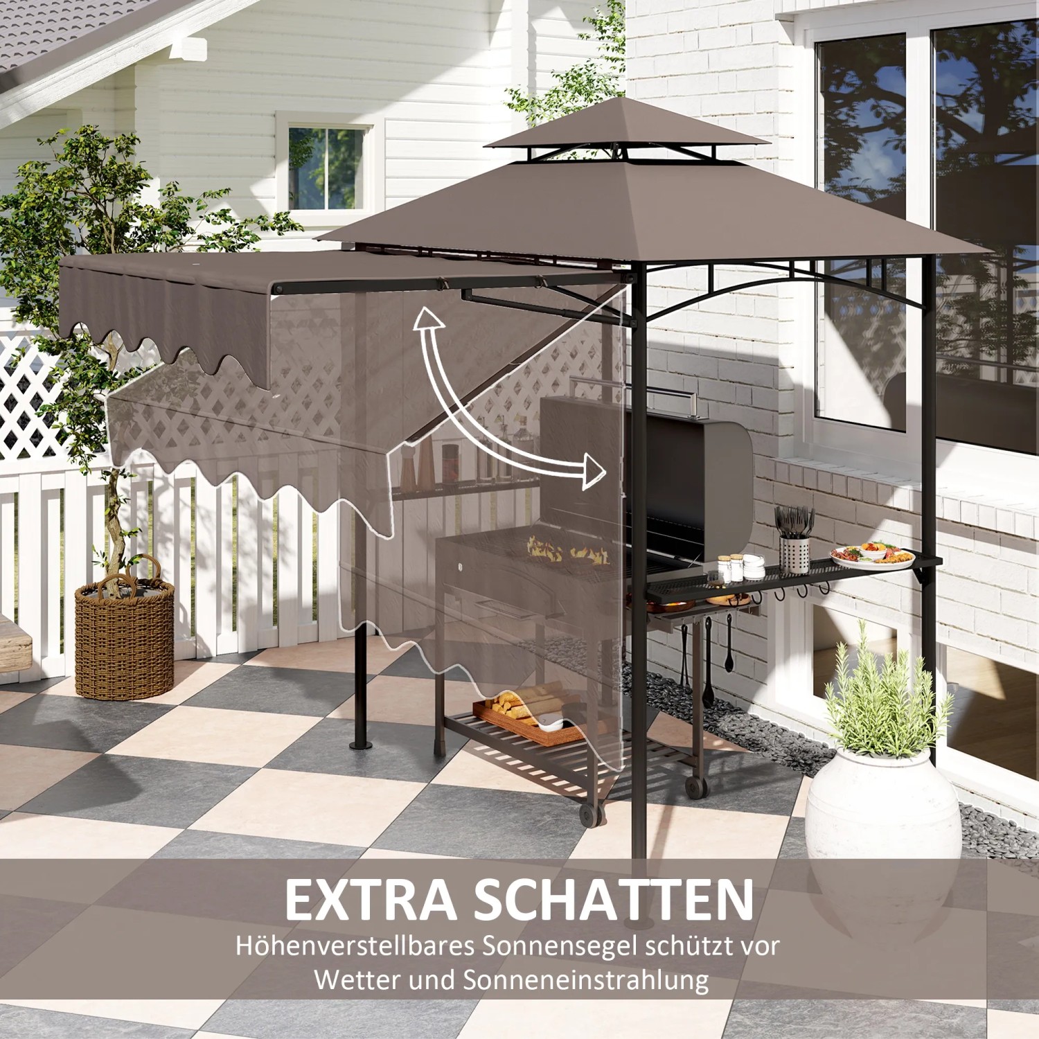 Outsunny Grillpavillon in Kaffee mit verstellbarem Sonnensegel und Ablageflächen.