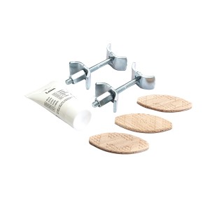 Kaindl Arbeitsplatten Verbinderset mit Leimtube und Holzlamellen.