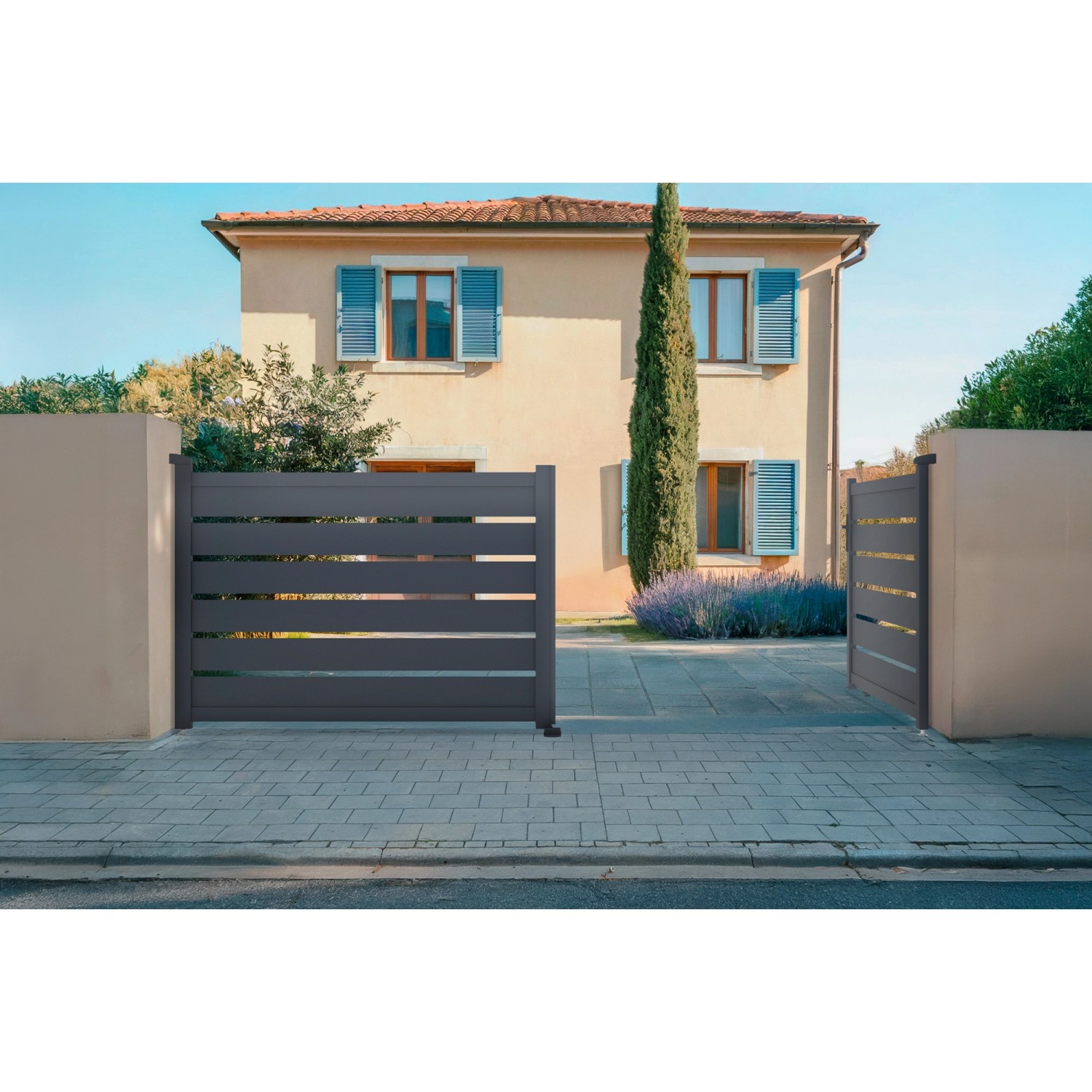 Elektrisches Flügeltor Vogel 3,5 m in Grau mit Drehtorantrieb für den Garten.