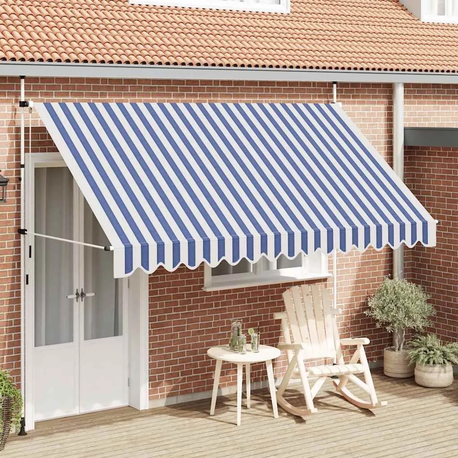 vidaXL Markise, einziehbar, blau/weiß gestreift, 350 cm breit, für Terrasse & Balkon.