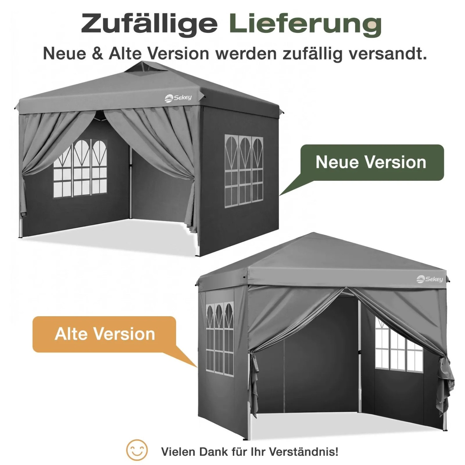 Zwei graue Sekey Faltpavillons 3x3 m mit Seitenteilen und Fenstern, neue und alte Version, als Pop Up Partyzelt.