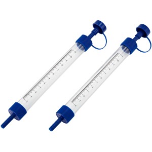 Zwei LUX Messröhren Classic für Schlauchwasserwaagen mit blauen Enden und Skala.