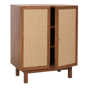 MCW Highboard M51 in Walnuss-Optik mit Rattan-Türen, 98x79x42cm. Schubladenkommode mit Stauraum.