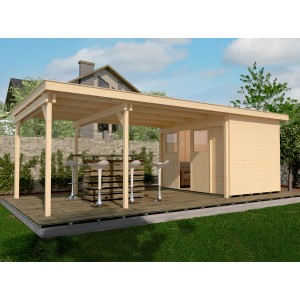 Unbehandeltes Weka Holz-Gartenhaus Loungehaus 225 mit Flachdach und überdachter Terrasse.