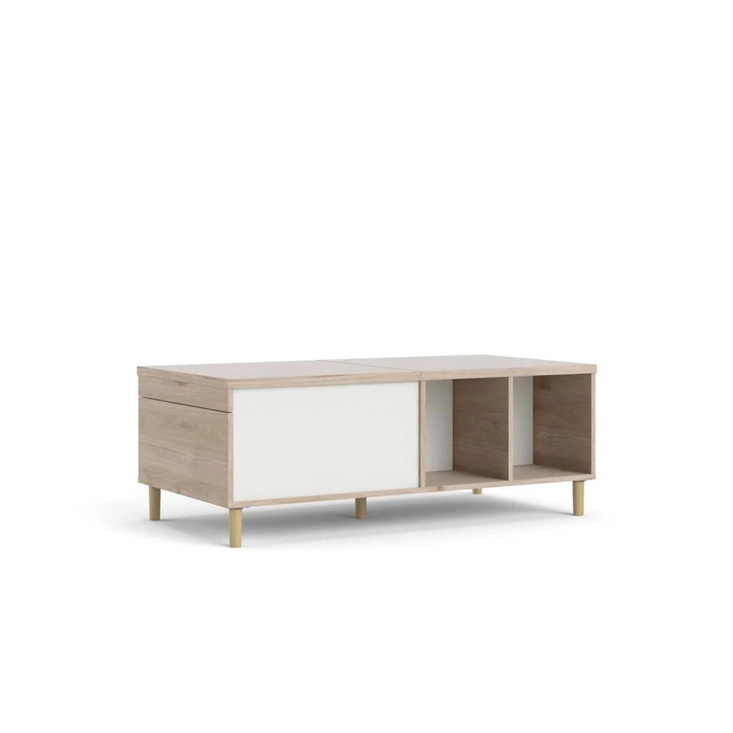 Penny Couchtisch mit Ausziehplatte, Hickory Dekor/Mattweiß, 2 Fächer. Wohnzimmertisch.