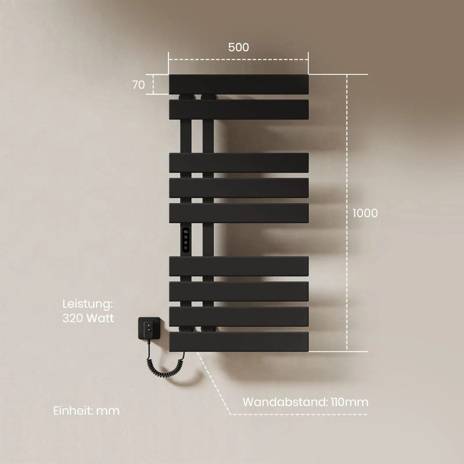 Emke Elektrischer Handtuchhalter 100×50cm Schwarz Flachbadheizkörper 320W LED Display WiFi APP Steuerung Timer_9