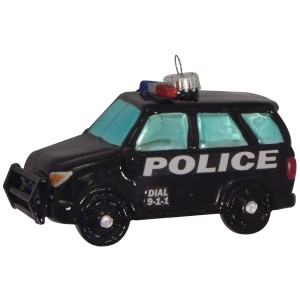 Weihnachtsornament: Schwarzer Polizei-SUV aus Glas, 7cm, von Krebs Glas Lauscha.