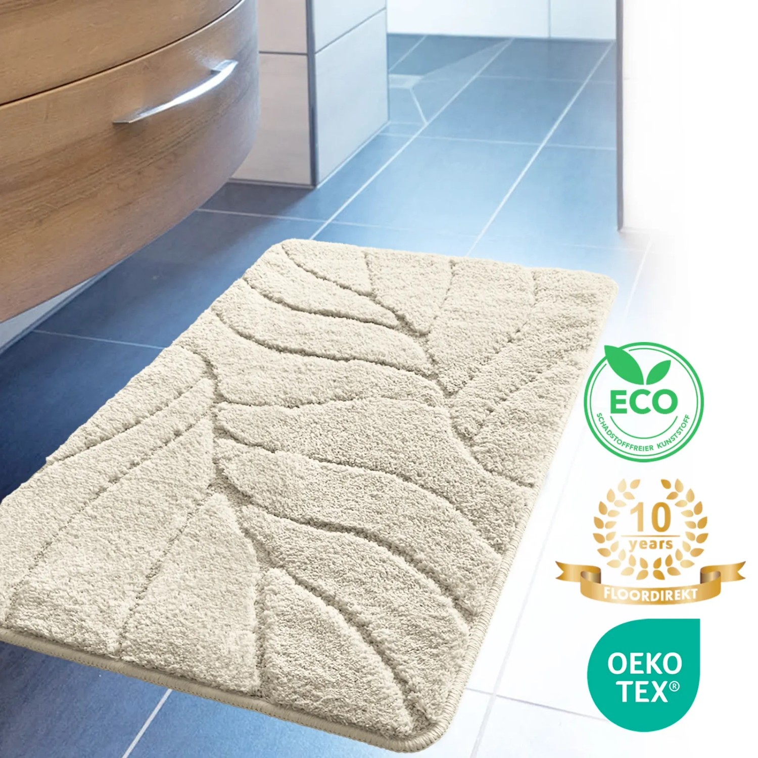 Ivory Karat Badematte Maris mit Blattstruktur, 40x60 cm. Badvorleger/Badteppich für Badezimmer.