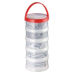 LUX Universal Dübelturm, 350-teiliges Dübelset in transparentem Behälter mit rotem Deckel und Griff.