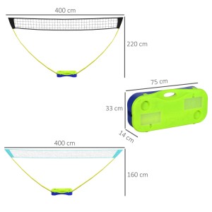 SPORTNOW Badminton-Set aus blau/grünem Kunststoff mit höhenverstellbarem 4m Netz und Tragetasche. Ideal für Spiel & Spaß.
