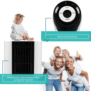 JUNG TVE23 Turmventilator: Kindersicheres Gitter, intuitive Bedienung mit LED-Display. Familie genießt kühle Luft.