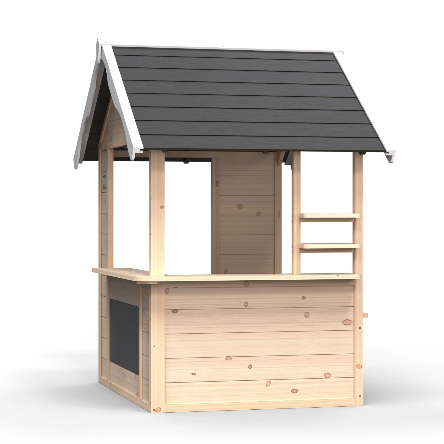 Exit Holzspielhaus Hika: Naturfarbenes Spielhaus mit grauem Dach und Theke für Kinder ab 2 Jahren.