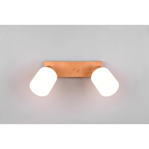 Reality Assam Strahler, 2-flammig, naturbelassen. Holz-Spot mit weißen Glasschirmen für Wohn- und Schlafzimmer.