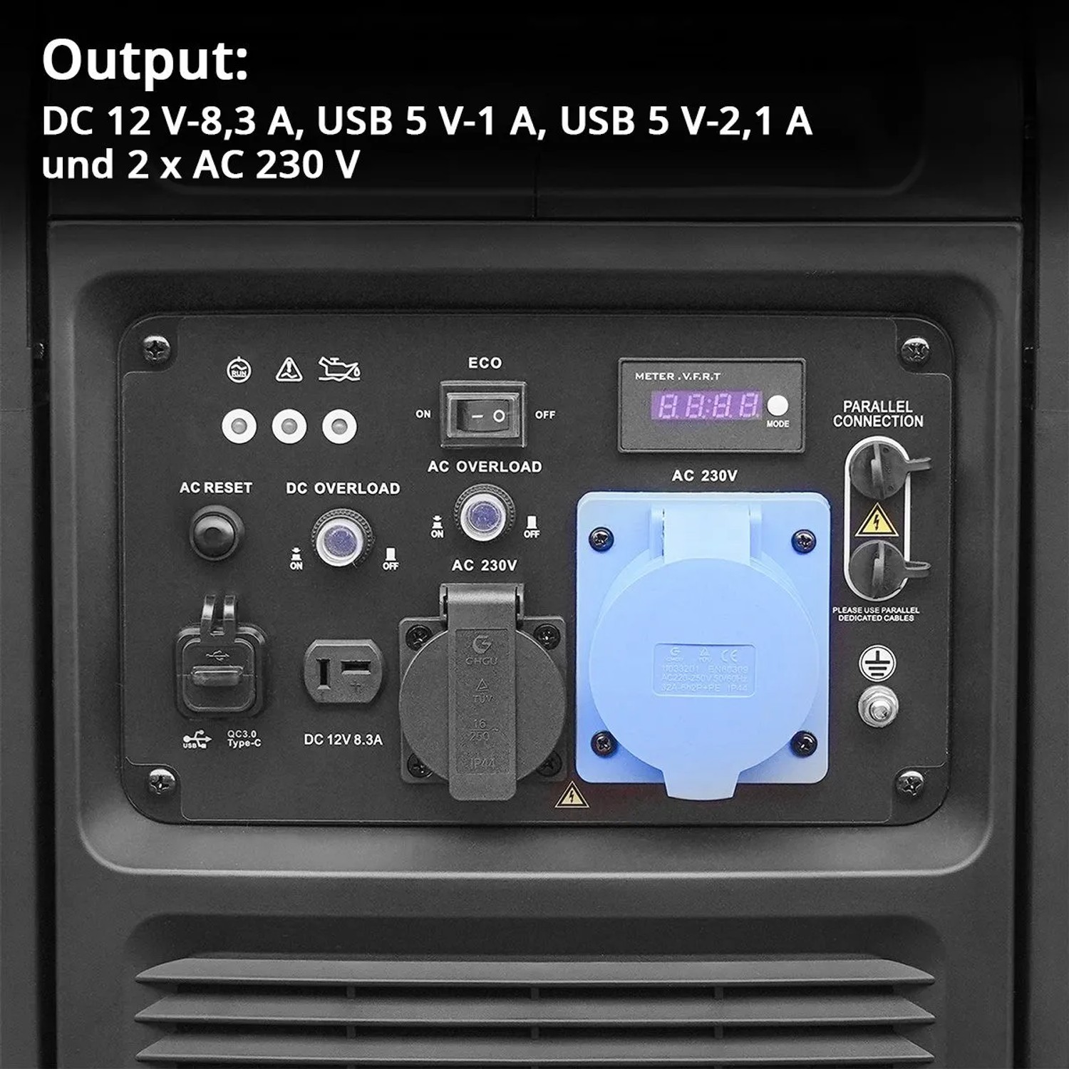 Nahaufnahme des Bedienfelds vom STAHLWERK Stromgenerator mit 230V, 12V, USB-Anschlüssen, Digitalanzeige und ECO-Modus.