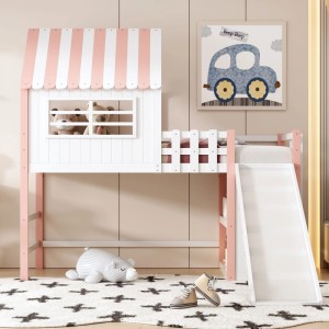 Rosa-weißes Kinderhochbett 90x200cm aus Massivholz mit Rutsche, Leiter und Hausdach. Ideal für Spiel und Schlaf.