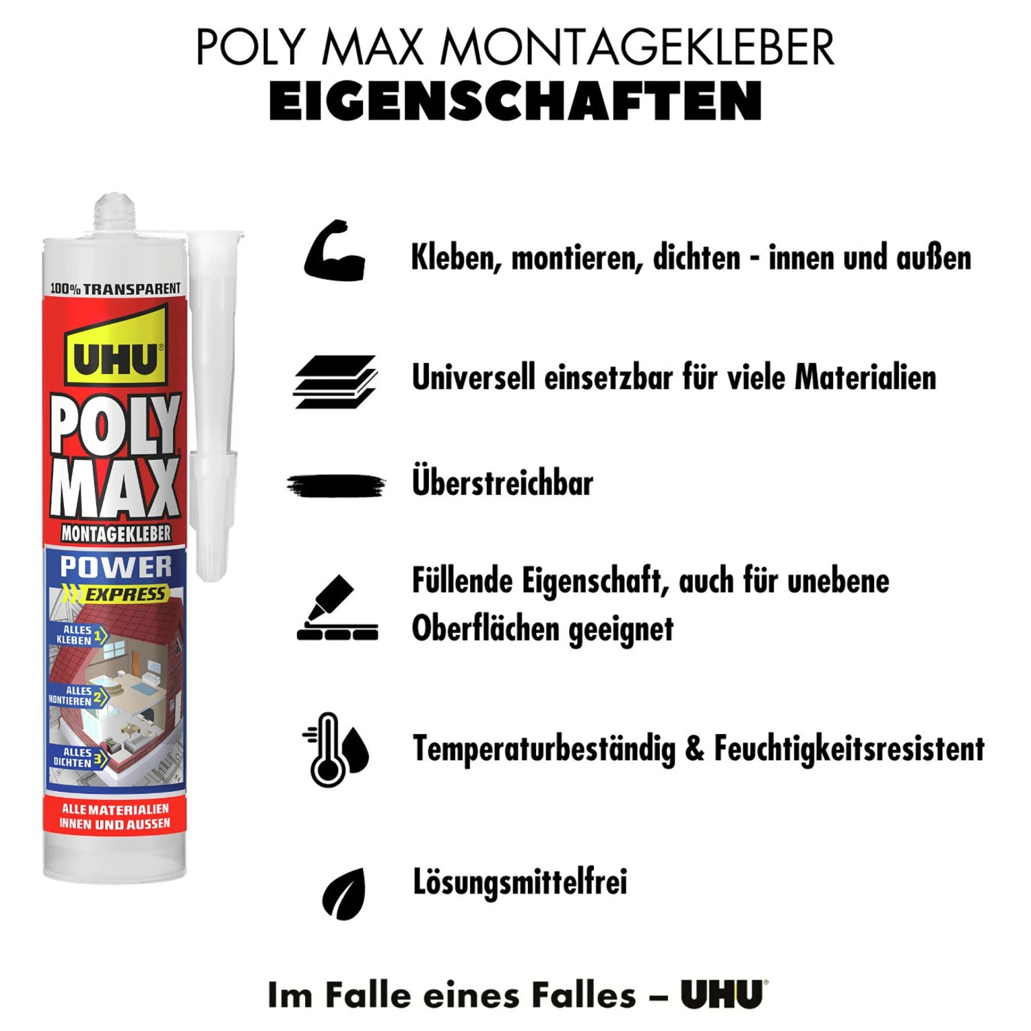 UHU Poly Max Montagekleber Transparent, 300g Kartusche. Universell einsetzbarer Kleber für Montage und Reparatur.