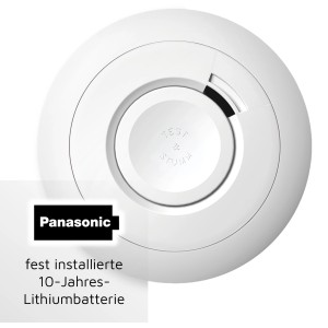 Weißer Ei Electronics Funk-Rauchmelder Ei650RF mit 10-Jahres-Batterie, Aufsicht von oben.