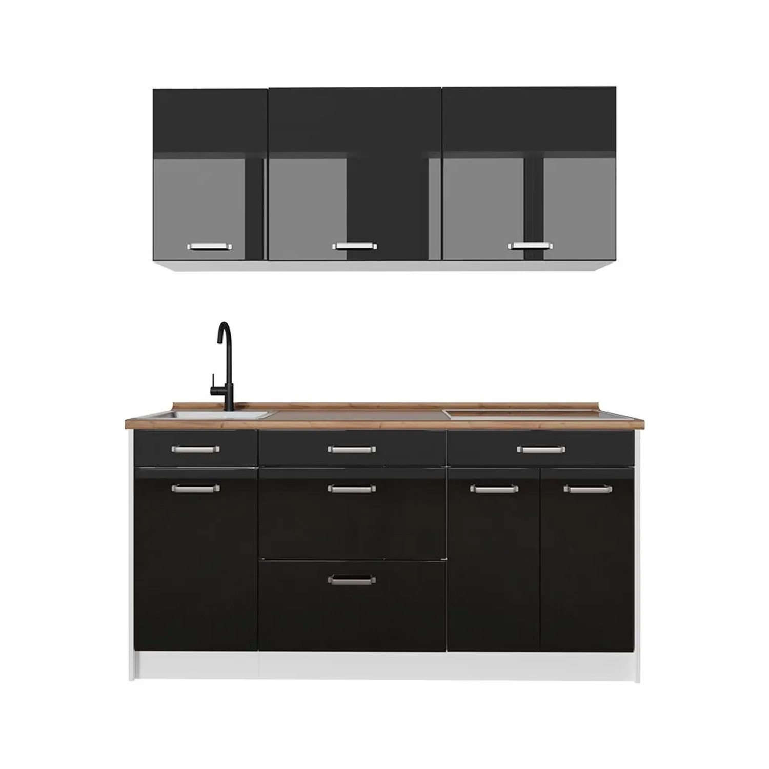 Vicco Singleküche R-Line Schwarz Hochglanz/Weiß 160 x 82 Arbeitsplatte Goldkraft Eiche Art Nr 66183